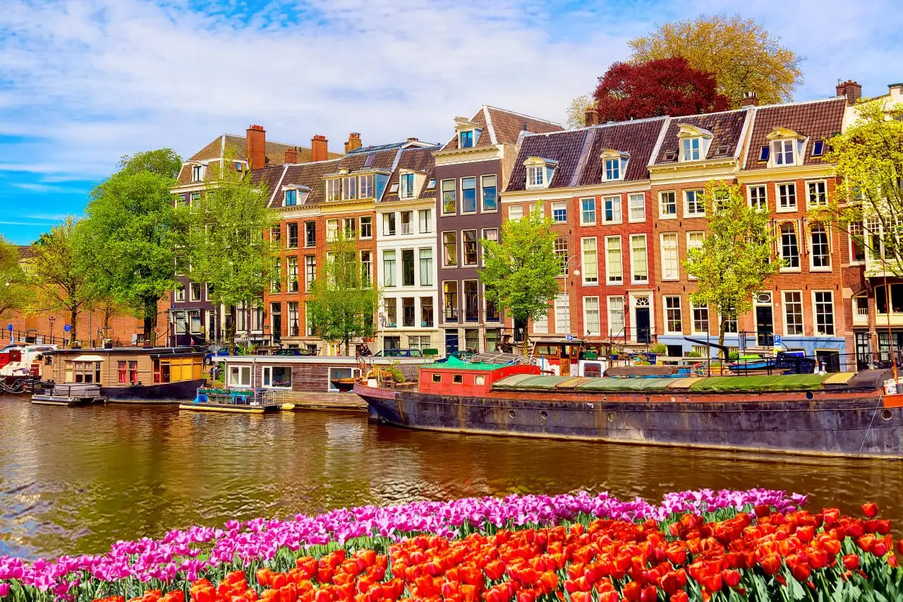 Amsterdam canal houses at sunset
